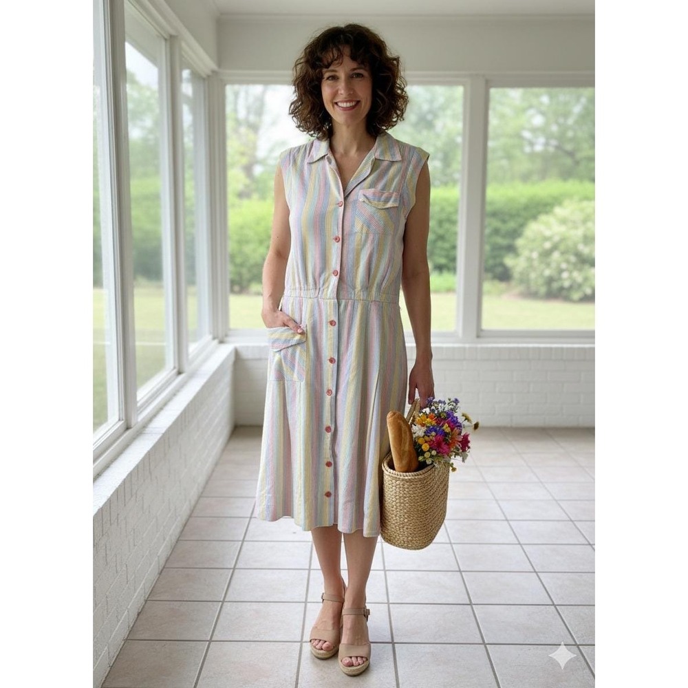 Vintage 70s Pastel Rainbow Seersucker Dress Activi-Tee Cotton Sun Dress XS Small
